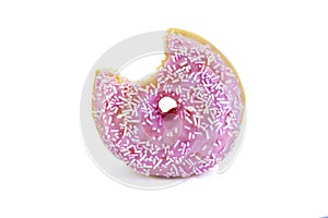 Pink doughnut with a bite taken out isolated on wh