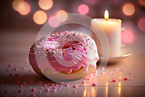 A pink doughnut with a burning candle against a bokeh backdrop.