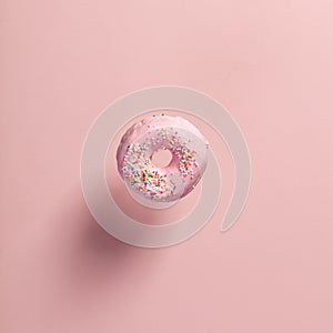 Pink doughnut with sprinkles falling or flying in motion