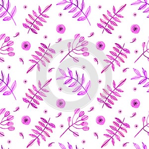 Pink dreams. Seamless pattern with pink plant elements on a white background
