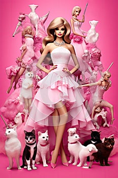 a pink dress with cats and a barbie doll