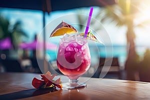 Pink Drink with Purple Umbrella and Flower on Table