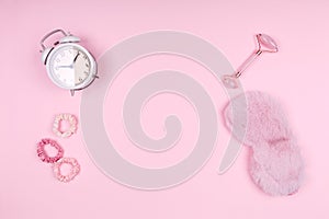 Pink drop with cute fluffy sleep mask, jade roller, watch and pink accessories