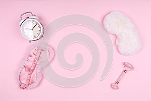 Pink drop with cute fluffy sleep masks, jade roller, watch and pink accessories