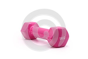 Pink dumbbell with one kilogram weight on white photo