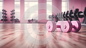 pink dumbbells on wooden floor