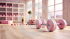 pink dumbbells on wooden floor