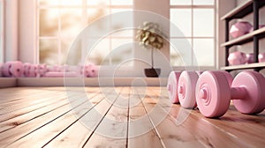 pink dumbbells on wooden floor