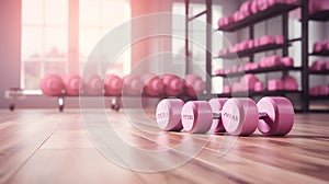 pink dumbbells on wooden floor