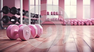 pink dumbbells on wooden floor