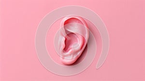 A pink ear on a white background with some sort of liquid, AI photo
