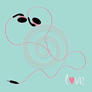 Pink earphones cord in shape of heart. Flat design. Music love card.