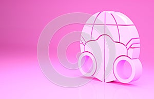 Pink Earth globe with medical mask icon isolated on pink background. Minimalism concept. 3d illustration 3D render