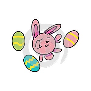 pink easter bunny, jumping surrounded by 3 easter eggs