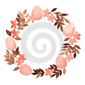 Pink easter egg, floral and brown leaf wreath .