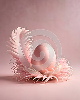 Pink Easter egg in a nest covered with feathers.