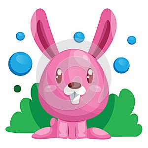 Pink easter rabbit sitting in green grass illustration web vector