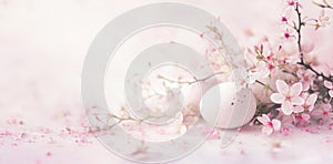 Pink eggs and cherry or plum tree branch. Easter holiday horizontal banner