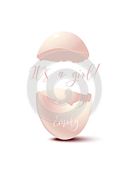 Pink eggshell with It`s a girl text. Vector retro greeting newborn postcard element.