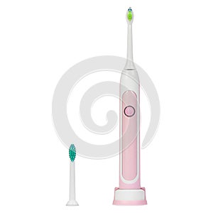 Pink electronic ultrasonic toothbrush on a charge stand with a changeable tip