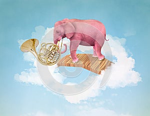 Pink elephant in the sky with a french horn. 3D Illustration