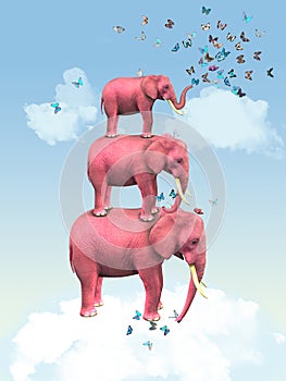 Ružový slony v mraky motýle 