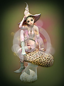 Pink Elf on a Mushroom, 3d CG