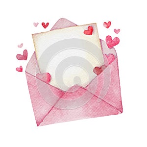 Pink envelope with blank paper and hearts in watercolor style. Love letter for Valentines day