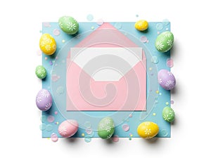 Pink envelope with easter eggs isolated on white background