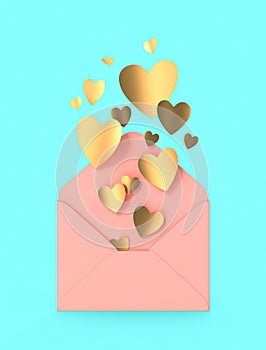 Pink Envelope with gold heart for valentine day on blue background