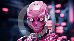 Pink evil robot on black background