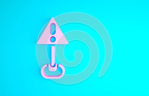 Pink Exclamation mark in triangle icon isolated on blue background. Hazard warning sign, careful, attention, danger