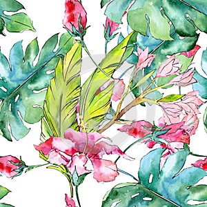 Pink exotic tropical hawaiian floral flower. Watercolor illustration set. Seamless background pattern.