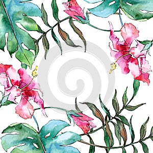 Pink exotic tropical hawaiian flower. Watercolor background illustration set. Frame border ornament square.