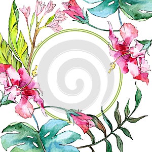 Pink exotic tropical hawaiian flower. Watercolor background illustration set. Frame border ornament square.
