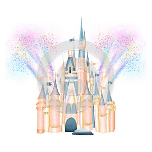 Pink fabolous castle of princess in fireworks