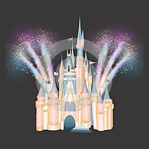 Pink fabolous castle of princess in fireworks, magic kingdom attribute photo