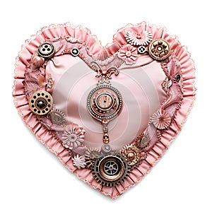 Pink fabric heart with small details isolated on white background. Steampunk style