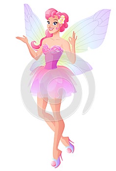 Pink fairy with butterfly wings showing ok sign. Vector illustration.