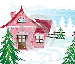 Pink fairy house in winter forest