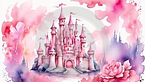 Pink Fairy tale watercolor Fantasy princess castle, motion