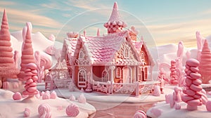 Pink fairytale edible gingerbread cozy cute house made of sweets, marshmallow pastilles and soft candies. Banner for pastry shops