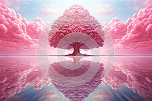 Pink fantasy landscape with tree reflection in lake water, generative ai
