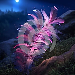 A pink feather on a rock in the forest at night