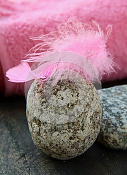 Pink feather on the stones and pink towel