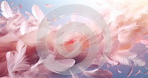 Pink Feathers Floating Gently. Delicate Feathers Texture Background. Lightness And Grace. Serene Composition. Generative AI photo