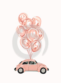 Pink female car with balloons for your design. Retro car. little pink Classic American Vintage Pink Car