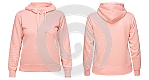 Pink female hoodie sweatshirt with long sleeve, women hoody with hood for your design mockup for print, isolated on