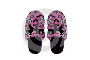 Pink female house slippers with black bow isolated on white background, concept of comfortable shoes for rest, relax and life,
