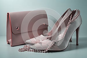 Pink female shoes with handbag